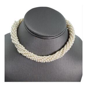 Vintage Faux Pearl Multi-Strand Beaded Torsade Twisted Choker Necklace